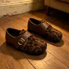 Zapatos planos retro con estampado de leopardo y puntera dividida con cierre de velcro, estilo Birkenstock, cálidos y casuales para otoño e invierno, forrados de felpa, slip-on para mujer