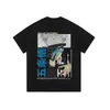 Camiseta Unissex de Manga Curta Estampada com Desenho Vintage de Rua Japonês Hip-Hop Americano Desgastada Lavada