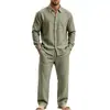 Conjunto de camisa de linho de manga longa e calça masculinas, novo, casual, de corte solto, estiloso, cor sólida, europeu e americano, Amazon