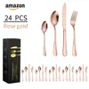 Amazon Transfronterizo Vajilla de Acero Inoxidable Cuchillo, Tenedor y Cuchara Set de 4 Piezas Cuchillo para Bistec, Tenedor y Cuchara de Acero Inoxidable Caja de Regalo Set de 24 Piezas