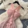 Vestido de malla estilo resort francés con cuello halter para mujer, verano romántico sin mangas con volantes, elegante y estilizado, largo