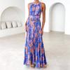 Transfronterizo 2025 Nuevo Europeo y Americano Estampado Cuello Playa Bohemio Cintura Alta Espalda Descubierta Vestido Floral Ropa de Mujer