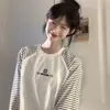 Diseño Único Bloques de Color Estampado de Letras Rayas Manga Larga Casual Holgado Versátil Moda Top para Mujer