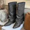 Primeiro Encontro Ji Bico Fino Retrô Botas Longas com Rebites Femininas 2026 Novo Outono Inverno Versátil Emagrecedoras Estilo Europeu Botas Dobradas