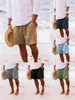 Shorts Masculino de Verão Algodão-Linho Transfronteiriço com Cordão na Cintura Elástica, Shorts de Praia Respirável, Estilo Casual Simples Versátil