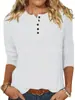 2025 Moda Casual Femenina Transfronteriza de Amazon Camiseta Top de Manga Tres Cuartos Color Sólido Botones Cuello Redondo