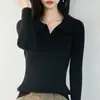 Novo suéter de tricô canelado POLO para mulheres, com gola virada, mangas compridas, caimento justo, base canelada, cor sólida, novo estilo outono e inverno