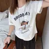 Camiseta Estampada de Desenho Animado Retro Americana de Manga Curta para Mulheres Verão Estilo Coreano Algodão Puro Solta Estilo Bf Preguiçoso Top de Meia Manga Tendência