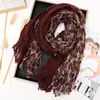 Bufanda Larga de Seda con Bloques de Color Floral 2026, Bufanda Larga Plisada Moderna y Elegante, Versátil para Otoño e Invierno, Chal Arrugado Adelgazante