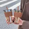 Copo grande de vidro, estiloso e moderno, com canudo, portátil, adequado para estudantes, casais e com grande capacidade, perfeito para café
