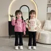 Sudadera Dulce Infantil de Cuello Redondo con Mangas de Encaje Set Primavera-Otoño, Conjunto de Dos Piezas para Niñas, Suéter Dulce Casual con Pantalones Acampanados Atuendo de Moda