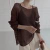 Chique Coreano Verão Simples Gola Redonda Pulôver Top Solto Corte Fino Transparente Proteção Solar Malha Blusa para Mulheres