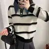 2026 Novo Suéter de Tricô Listrado Estilo Coreano com Gola Jeans para Mulheres Primavera e Outono Blusa Solta para Mulheres