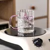 Vaso de Vidrio con Moño y Rayas Verticales, Vaso de Vidrio Grueso Estilo Ins para Chicas, Vaso de Leche con Rayas, Vaso con Asa de Mariposa
