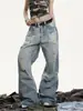 Jeans Americano Retrô Lavado Desgastado Rasgado para Mulheres, Novo Estilo de Verão, Cintura Baixa, Solto, Com Caimento, Perna Reta, Perna Larga, Comprimento Total