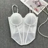 Top de Estilo Europeo y Americano para Chica Picante, Bloques de Color, Cintura ceñida con Hueso de Pez, Espalda Descubierta, Camisola Sexy de Malla, Corte Ajustado, Adelgazante, con Almohadillas en el Pecho, Camiseta sin Mangas para Mujer