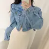 Jaqueta curta feminina de alta costura Dongdaemun, coreana, moderna, estilo workwear, modelagem solta, ombro a ombro, com gola dobrável