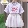 Adorable y Lindo Conjunto de Vestido de Malla de Manga Corta con Estampado para Niñas, Camiseta y Falda Corta para Verano 7