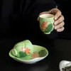 Bandeja de té de cerámica pintada a mano con estanque de lotos de verano y begonia para preparación de té seco, juego de té para el hogar, alfombrilla antideslizante con aislamiento térmico, plato para aperitivos y frutas secas