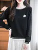 Nuevo Suéter de Punto de Manga Larga para Mujer Otoño Camiseta de Mujer Cuello Redondo Color Sólido Bloque de Color Base Floral Suéter Venta al por Mayor