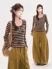 Camiseta a rayas de bloques de color estilo coreano para mujer, nueva camiseta básica de manga larga para otoño e invierno, simple y versátil, corte ajustado, adecuada tanto para usar como prenda interior como exterior.