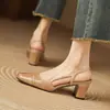 2. Sapatos femininos simples para primavera e verão, com salto grosso, bico fechado e estilo francês! Novas sandálias de salto alto de 6cm sem calcanhar, feitas de couro bovino de primeira camada, modernas