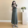 Vestido de Maternidade 2025 Verão Simples Clássico Gola Quadrada Ajustado Comprimento Médio Emagrecedor Alta Elasticidade Vestido Camiseta para Mamãe