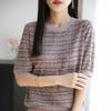 Verão Feminino Novo Suéter Tricotado Feminino Lyocell Tencel Gola Redonda Fino Combinação de Cores Manga Curta Camiseta Feminina Atacado Feminino