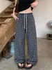 Pantalones a Cuadros con Ribete de Encaje para Mujer, Verano Finos Holgados de Seda de Hielo Secado Rápido Pierna Ancha para Caminar, Pantalones Casuales de Pierna Recta