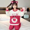 Pijamas para niños de invierno de forro polar grueso para niños y niñas, cuello redondo, terciopelo rosa, traje coolomi de dibujos animados, conjunto de ropa para el hogar