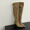 Botas Longas Femininas Estilo Coreano de Salto Alto em Camurça Duas Vias Acima do Joelho Moda Outono Inverno Feminina Botas Amontoadas com Fivela de Rebite Botas de Salto Alto Emagrecedoras