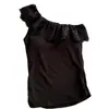Camiseta Asimétrica con Hombro Descubierto y Adorno de Encaje Estilo Francés 2026 para Mujer, Top Corto de Verano Ajustado para Mujer
