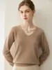 Camisa base de malha feminina de alta costura pronta para usar, 100% cashmere puro, decote V, corte solto, modeladora, suéter grosso, macio e amigo da pele