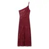 Moda Feminina Europeia e Americana Transfronteiriça Aliexpress Venda Quente Elegante Vestido Longo com Fenda e Alça de Lantejou em um Ombro