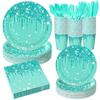 Platos de Papel Desechables Transfronterizos, Servilletas y Vasos con Diamantes de Brillo Azul-Verde, Vajilla para Cumpleaños, Aniversario y Boda de Mujeres