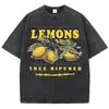 [Transfronterizo 230g] Camiseta Lavada para Mujer Estampado de Fruta de Limón Fresco Y2K Manga Corta Holgada Pieza Completa