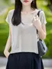 Camiseta de Manga Corta con Cuello en V Sin Costuras para Mujer, Seda de Hielo Suave, Sin Etiquetas, Ajustada, Versátil para el Trabajo, Color Sólido, Tejido Básico, Capa Base