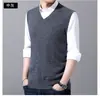 Chaleco de Lana de Color Puro para Primavera y Otoño de Comercio Exterior para Hombres de Mediana Edad de Punto de Cuello en V de Alta Gama Chaleco Cálido Sin Mangas Chaleco