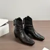 Botines Western de Cuero Suave Arrugado para Mujer Punta Fina Tacón Grueso Cierre Trasero Otoño/Invierno Adelgazantes Moda Botines 933-1
