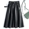 Falda de Cuero para Mujer Primavera y Otoño 2026 Falda Midi Acampanada de Cintura Alta Adelgazante Falda de Cuero Línea A con Dobladillo Amplio en el Estilo Trendy Maduro