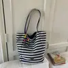 Bolsa de Lona de Doble Cara Estilo Coreano para Mujer 2025 Nuevo Bolso Tote Estilo Perezoso Rayado Gran Capacidad Bolsa de Compras Bolso de Hombro
