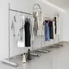 Estante de Exhibición de Ropa de Acero Inoxidable Brillante de Pie para Tienda de Ropa de Mujer, Soporte de Exhibición Colgante Lateral