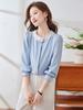 Camisa de Gasa de Manga Larga Azul Francés para Mujer en Primavera y Otoño, Lujo Ligero, Alta Gama, Rejuvenecedora, Camisa Estilo Occidental, Top Casual
