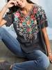 Estilo Europeu e Americano Verão Roupas Femininas Amazon Tops Bordados de Manga Curta Camisas Bordadas Camisas de Gola Redonda Novo Estilo