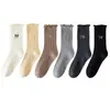 Calcetines grises con lazo para mujer, calcetines de media pantorrilla para primavera y otoño, calcetines apilados de encaje de ballet estilo Miu bordados de algodón puro para otoño