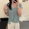 Camiseta de punto de lino Tencel de manga corta para mujer con cuello redondo 2026 Verano Nuevo Estilo Top holgado adelgazante Camiseta básica