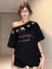Marca de Tendencia Americana Hombro Descubierto Diamantes Calientes Cabeza de Gato Linda Estampada Camiseta de Manga Corta Verano para Mujer Holgada Off-Shoulder Top Blanco