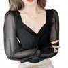 Top de punto de retazos de malla de manga larga de diseño de resorte para mujer, camisa corta francesa de cuello cuadrado