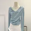 Camiseta Base de Color Sólido Suave de Modal con Cuello Amplio y Mangas Largas Moda Otoño Temprano para Mujer, Bonita, Adelgazante, Estilo Coreano