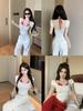 1837 # Verano Mujer Nuevo Estilo Coreano Chica Popular Pura Pasión Sexy Lunares Cuello Halter Espalda Descubierta Falso Dos Piezas Top Corto